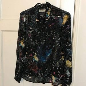 Galaxy-print black chiffon blouse size S